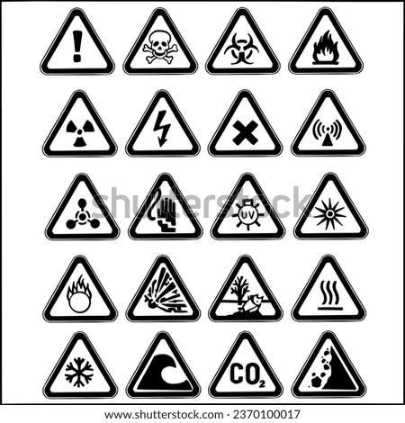 Triangular Warning Hazard Symbol Set Vector Image, 20 Symbol Hazard Warning, Black And White Vector
