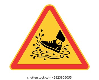 A triangular warning sign depicting a black shoe stepping into a puddle of water, with splashes indicating a slippery surface.