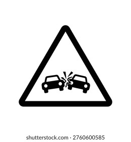 A triangular warning sign depicting two cars colliding, indicating a potential traffic accident ahead.
