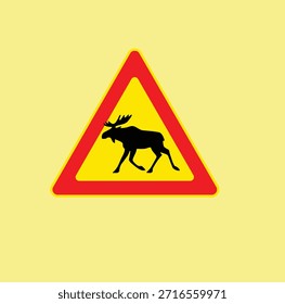 Señal de advertencia triangular que representa un cruce de animales salvajes, como un ciervo. Indica la vida silvestre potencial en o cerca de la carretera. Borde rojo, fondo amarillo, símbolo negro. Ilustración vectorial plana apta para sistemas de tráfico internacional.