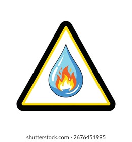 Um sinal de aviso triangular com uma chama dentro de uma gota de água, simbolizando o risco potencial de fogo e combinação de água. Isolado no plano de fundo branco, imagem vetorial.