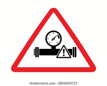 A triangular warning sign featuring a gauge on a pipe with an exclamation mark icon, indicating industrial pressure hazard.