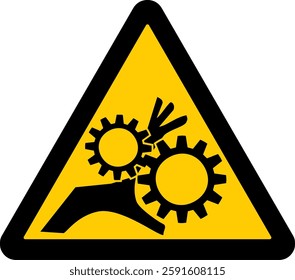 triangular warning sign, hand being caught between gears, crushing hazard.
