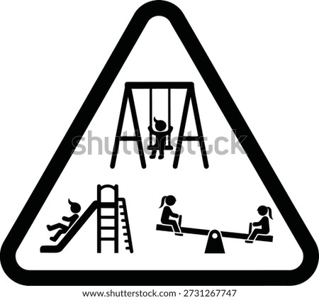 Triangular warning sign for playground area with children on swing, slide and seesaw