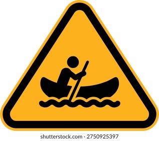 Triangular warning sign showing a person launching a boat into the water. Designed to indicate boat ramp access points, marinas, lakes, and waterfront recreational facilities.