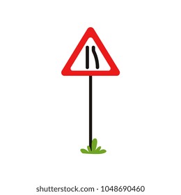 Triangular warning traffic sign road narrows to left. Flat vector design for educational book, infographic poster or mobile app. Cartoon style icon