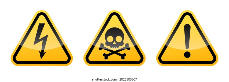 Triangular warning vector signs. High voltage sign. Warning attention sign with exclamation mark. Skull and bones warning sign