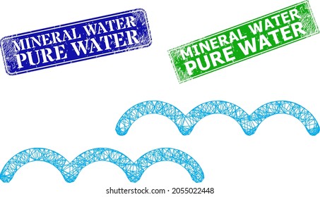 Dreieckiges Wasseroberflächmodell und Mineralwasser, reines Wasser, blaue und grüne rechteckige Stempeldichtungen. Polygonale Schlachtkörpergrafik auf der Grundlage eines Piktogramms für die Wasseroberfläche.