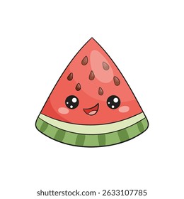 Fatia de melancia triangular, personagem kawaii, ilustração charmosa doodle