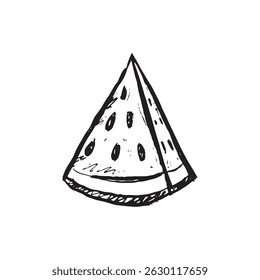 Triangular watermelon slice piece with seeds in black brush stroke texture isolated on white. Hand drawn vector sketch illustration in vintage charcoal ink. Summer clothes print, menu design
