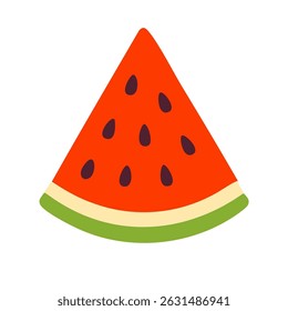 Triangular watermelon slice with red flesh and green rind, simple and fresh design.