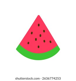 A triangular watermelon slice with red flesh, black seeds, and green skin. Stylishly flat for summer treats, fruit icons, or snack visuals.