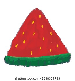 Triangular watermelon slice with red pulp and green rind in hand-painted texture. Represents a refreshing summer fruit in a stylized form. Ideal for seasonal designs, picnic themes,