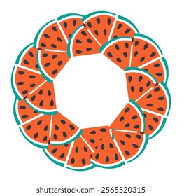 Triangular Watermelon slices with seed. Circle Frame watermelons pieces. Summer Copy space Template