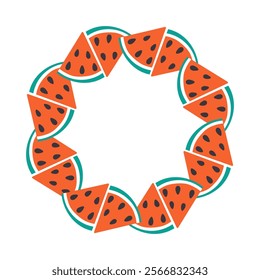 Triangular Watermelon slices with seed Circle frame border in trendy Summer hues. Copyspace Template