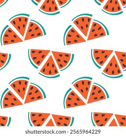 Triangular Watermelon slices with seed Seamless Pattern in trendy doodle. Juicy Summer background