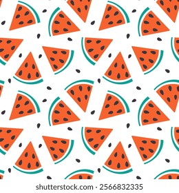 Triangular Watermelon slices with seeds Seamless pattern. Summertime background or wallpaper texture