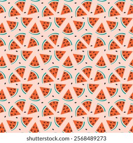 Triangular Watermelon slices with seeds Seamless Pattern in trendy soft red. Summertime background