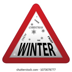 A triangular winter roadsign isolated on a white background