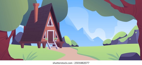 Triangular wooden house with a chimney on stilts in the forest. Summer landscape, green meadow, trees, mountains and blue sky. Outdoor recreation concept. Horizontal banner. Vector illustration.