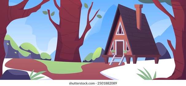 Triangular wooden house with a chimney on stilts in the forest. Early spring. Melted snow, trees, leaves, mountains and blue sky. Travel and vacation in nature. Horizontal banner. Vector illustration.