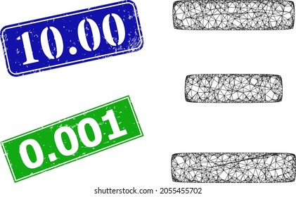 Triangular Xi Greek symbol image, and 10.00 blue and green rectangle grunge stamps. Polygonal carcass symbol is created from Xi Greek symbol pictogram. Stamps contain 10.