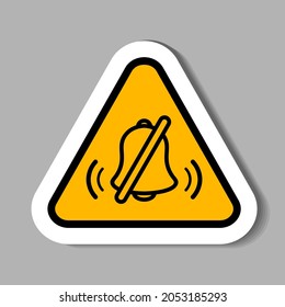 Triangular yellow caution signal indicating noise sticker. Warning Sound Area Sign Vector. Triangle - black silhouette bell, alarm symbol. No horn. Silence mode.