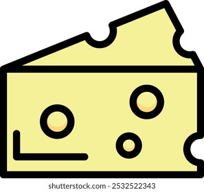Triangular yellow cheese block with holes, a dairy product.