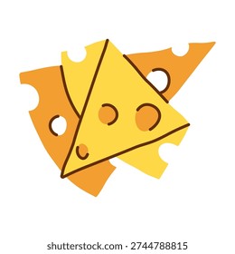 Triangular Yellow Cheese Slices with Holes stacked together, hand drawn cartoon food illustration