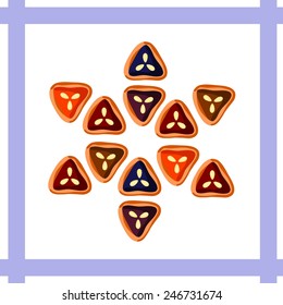 Triangular-shaped cookies form together hexagram on blue and white background