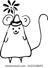 triangular-shaped mouse with a flower and a hat on his head in a comic style