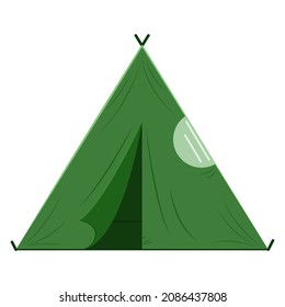 A triangular-shaped tourist tent with a round window. Tarpaulin waterproof tent for recreation, camping, hiking, outdoor travel, sports. Vector icon, flat, cartoon, isolated