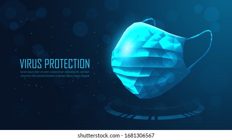 Triangulate shape of surgical mask surrounded with virus on blue background with sample text. Vector illustration