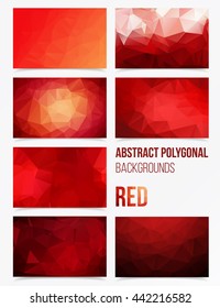 Triangulated abstract vector background in red colour, set of backgrounds with low polygons motive
