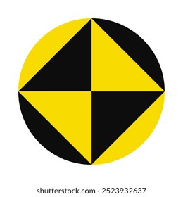 Triangulated crash test black, yellow circle. A quartered circular safety symbol with internal triangles. Isolated on a white background.