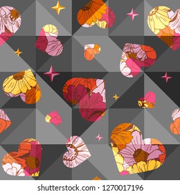 Triangulated design of seamless pattern with stars and hearts from flowers for textile, bedlinen, packing, pillow, undergarment, wallpaper. Valentine`s day background. Vector illustration.