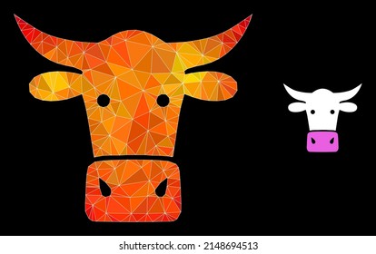 Triangulated fire colored cow head polygonal symbol illustration. Polygonal cow head vector combined with randomized colored triangles.