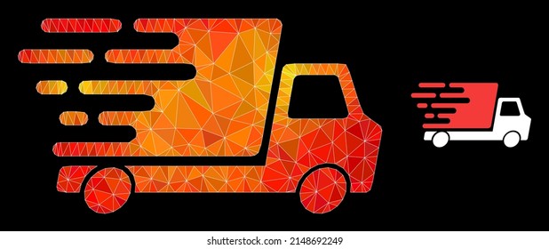 Trianguliertes feuerfarbenes Lieferwagen polygonale Icon-Illustration. Polygonaler Lieferwagen Vektor ist aus randomisierten, farbigen Dreiecken.