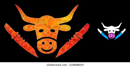 Triangulated fire colorful cow butchery polygonal icon illustration. Polygonal cow butchery vector is designed with chaotic vibrant triangles.