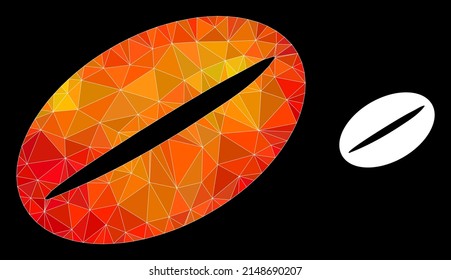 Triangulated fire vibrant coffee bean polygonal symbol illustration. Polygonal coffee bean vector is combined from scattered colorful triangles.