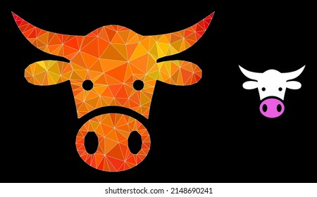 Triangulated flame colored cow head polygonal 2d illustration. Polygonal cow head vector is designed with scattered colored triangles.