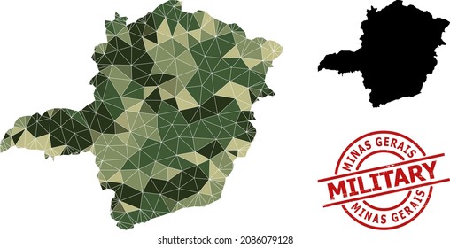 Triangulated mosaic map of Minas Gerais State, and distress military stamp. Lowpoly map of Minas Gerais State constructed from randomized camo colored triangles.