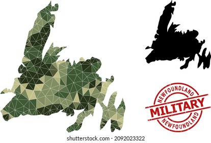 Triangulated mosaic map of Newfoundland Island, and rough military stamp imitation. Low-poly map of Newfoundland Island combined with randomized camouflage filled triangles.