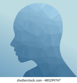 Triangulated person face silhouette vector illustration, blue background.