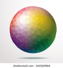 triangulated sphere in rainbow colors with white strokes and transparent shadow gradient in separate layers, low poly vector background