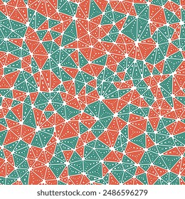 Triangulation geometric shapes background. Compact triangle size. Multiple repeated inner triangles. Multiple colors style. Repeatable pattern. Artistic vector tiles. Seamless vector illustration.