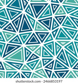 Triangulation geometric shapes background. Medium triangles size. Solid shapes in frames. Multiple colors style. Repeatable pattern. Artistic vector tiles. Ocean Depths Palette.