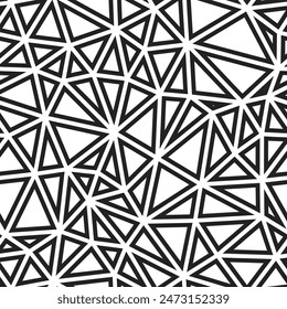 Triangulation geometric shapes background. Medium triangle size. Black and white style. Geometric shapes outlined. Repeatable pattern. Monochrome contrast. Artistic vector tiles.