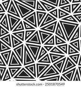 Triangulation geometric shapes background. Medium triangles size. Solid shapes in frames. Black and white style. Repeatable pattern. Artistic vector tiles. Monochrome contrast.