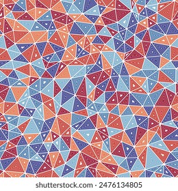 Triangulation geometric shapes background. Multiple repeated inner triangles. Compact triangles size. Multiple colors style. Seamless pattern. Artistic vector tiles. Awesome vector illustration.